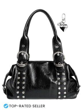 Studded Faux Leather Bowler Bag Y2K Punk Shoulder Handbag Grunge